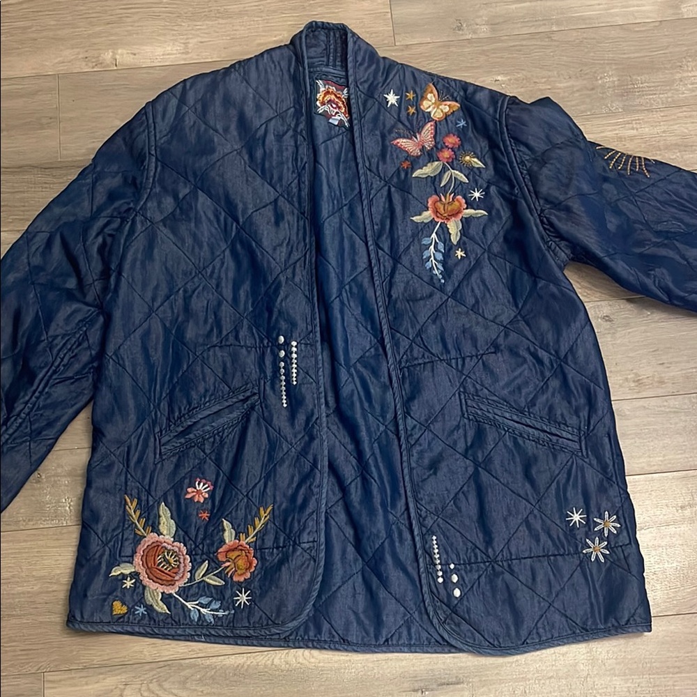 Johnny Was Navy Embroidered Bomber Jacket